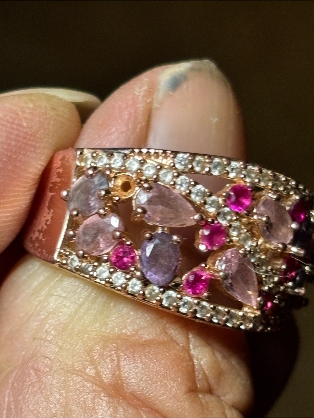 Rose Gold Floral Pink and Purple Gemstone Band Ring 9